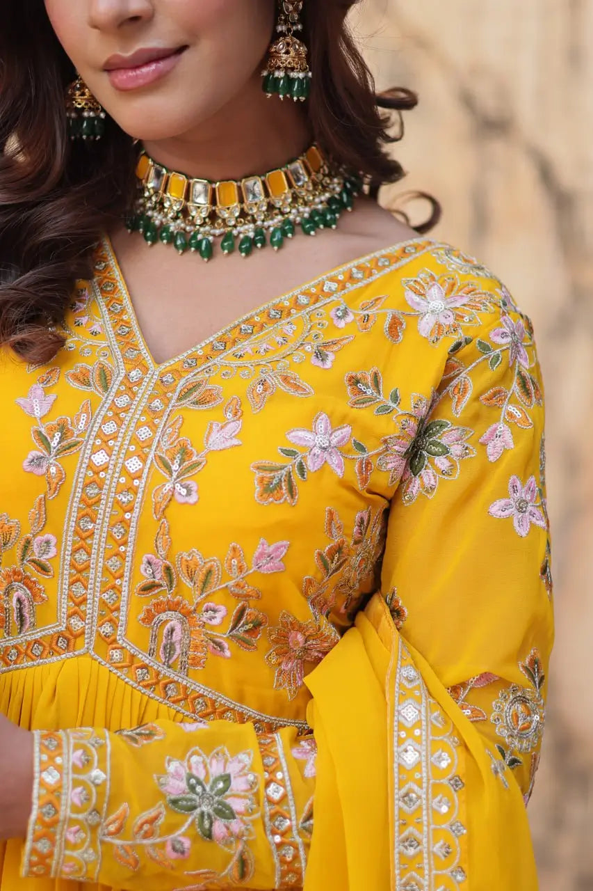 Lightning Yellow Beautiful Thread Sequins Embroidery Work Gown And Dupatta