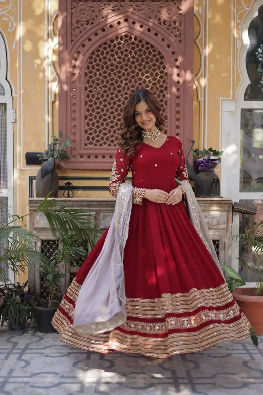 Merlot Red Sequins Embroidery Work Gown With Contras Dupatta