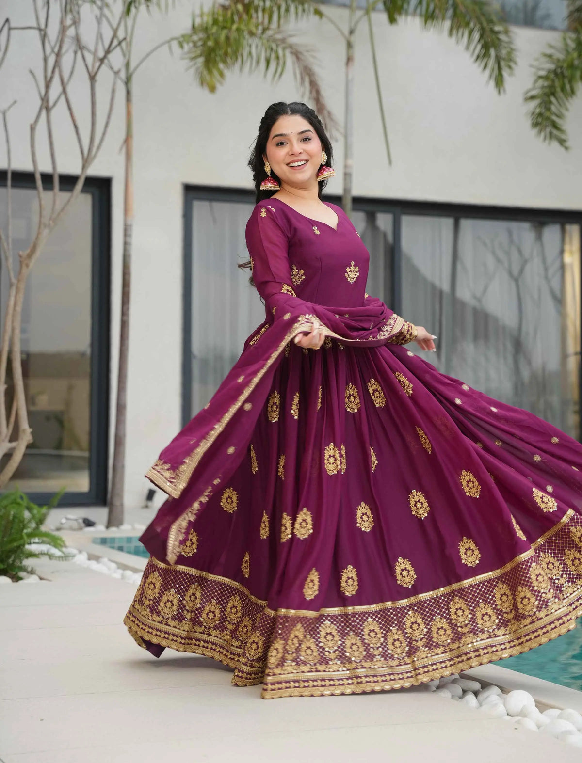 Wine Georgette Gown With Zari Embroidery Work And Dupatta