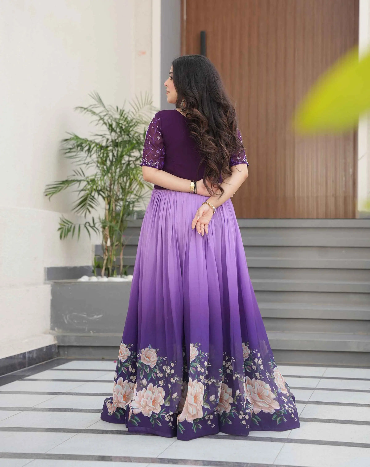 Purple Floral Padding Digital Print Gown With Beads Embroidery Work