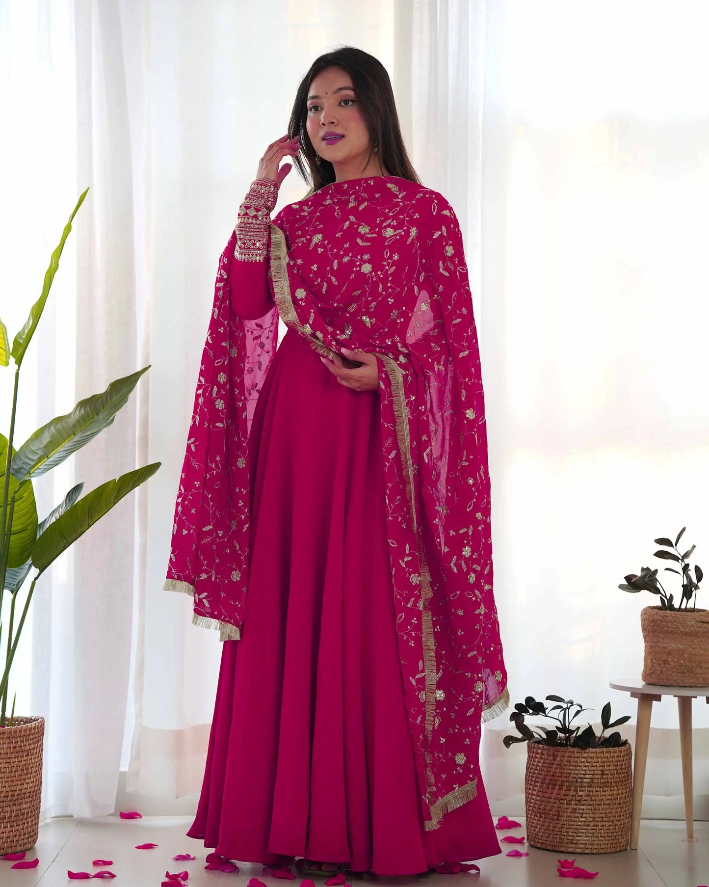 Dark Pink Designer Georgette Gown With Heavy Embroidery Work Dupatta