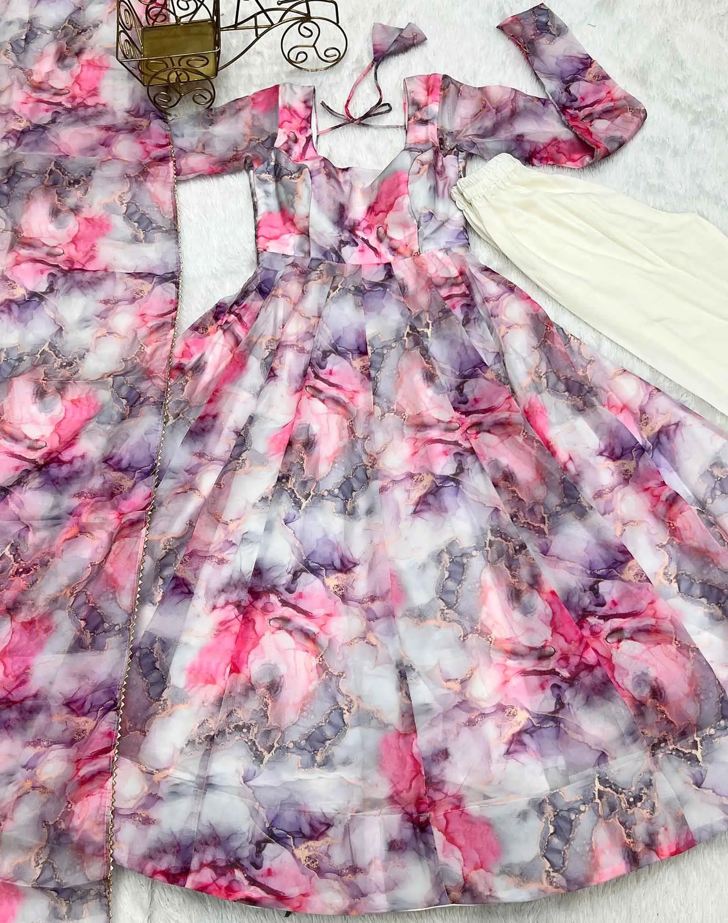 Off White Multi Color Printed Organza Anarkali Gown