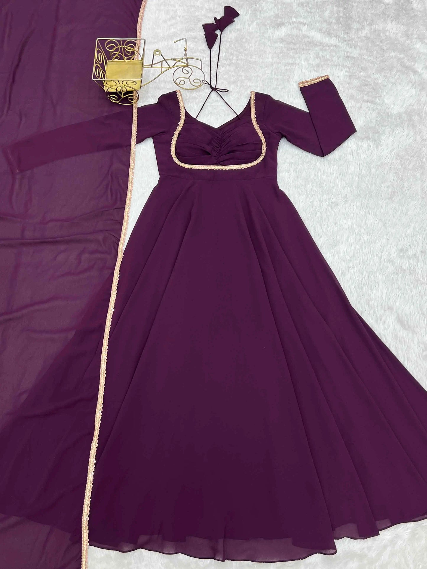 Designer Wine Georgette Gown & Dupatta