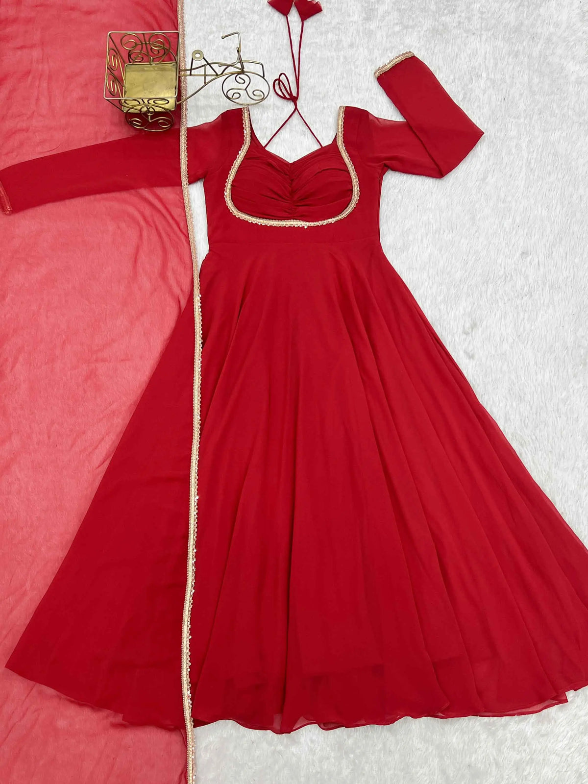 Designer Red Georgette Gown With Dupatta