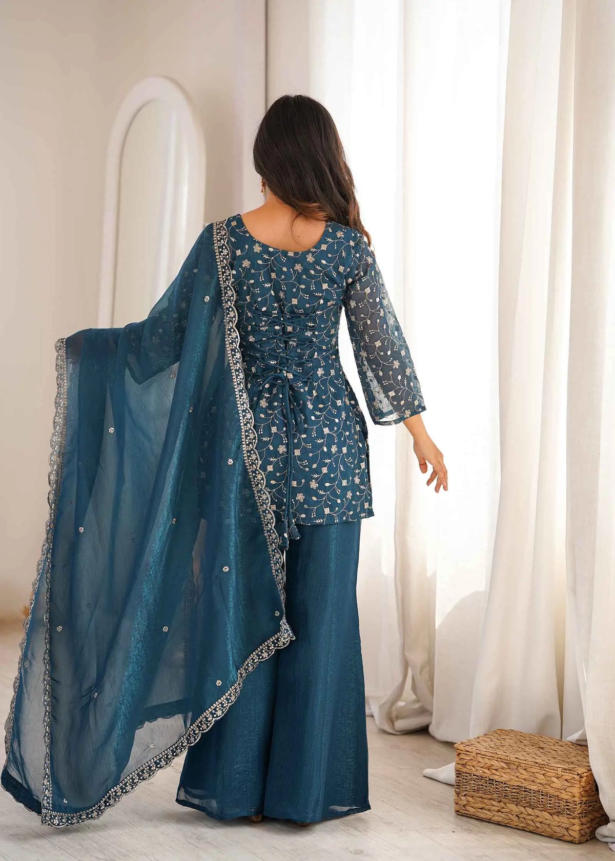 Teal Blue Silk Embroidered Sharara Suit