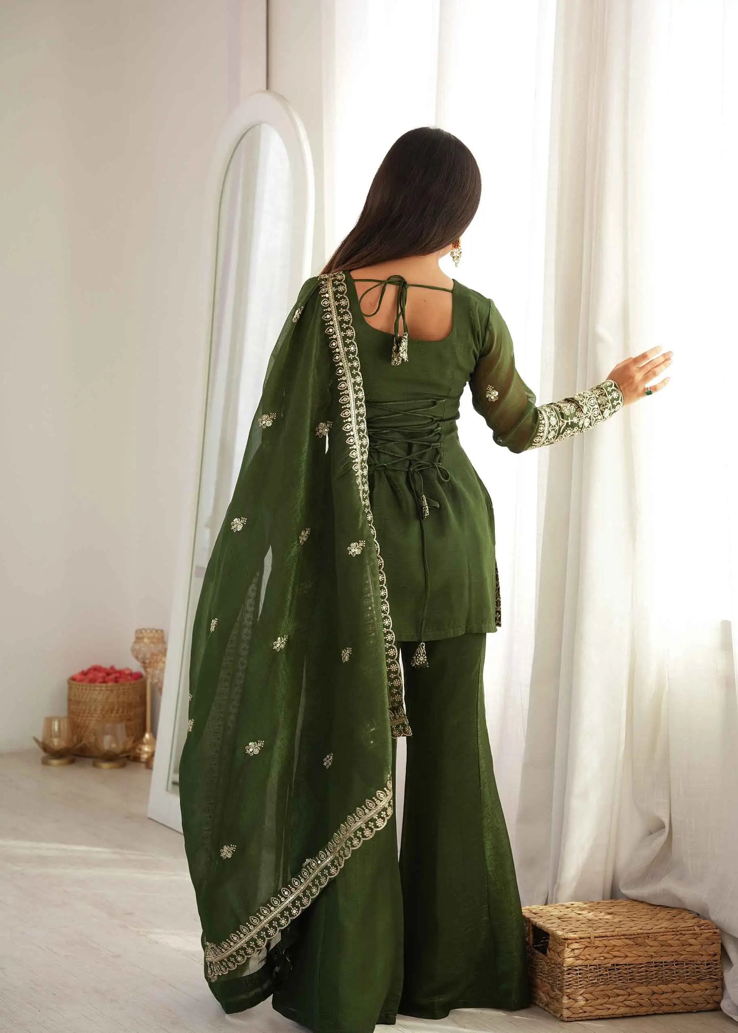 Mehndi Silk Embroidered Sharara Suit