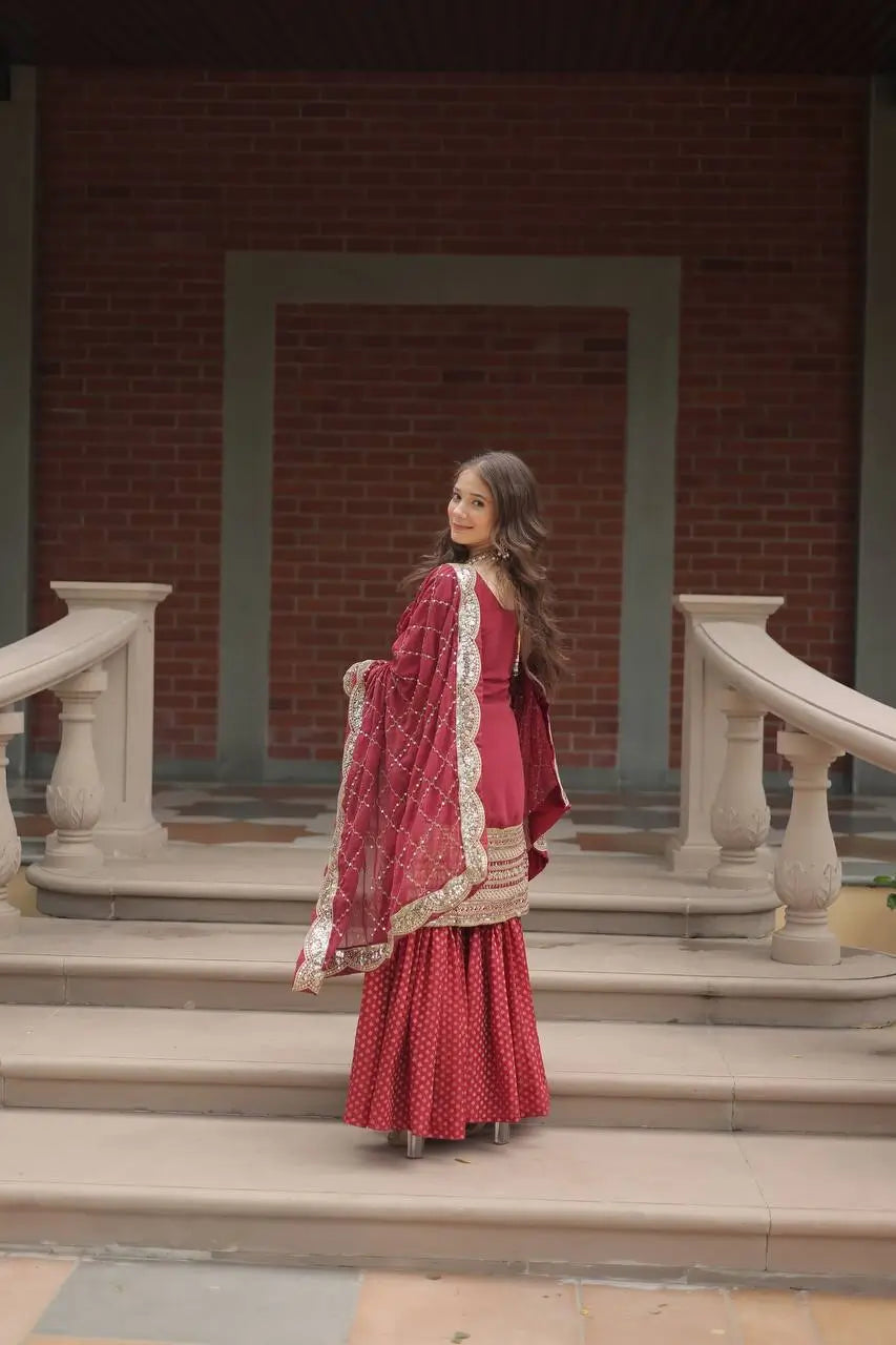 Maroon Georgette Thread Sequins Embroidery Work Sharara Suit With Dupatta