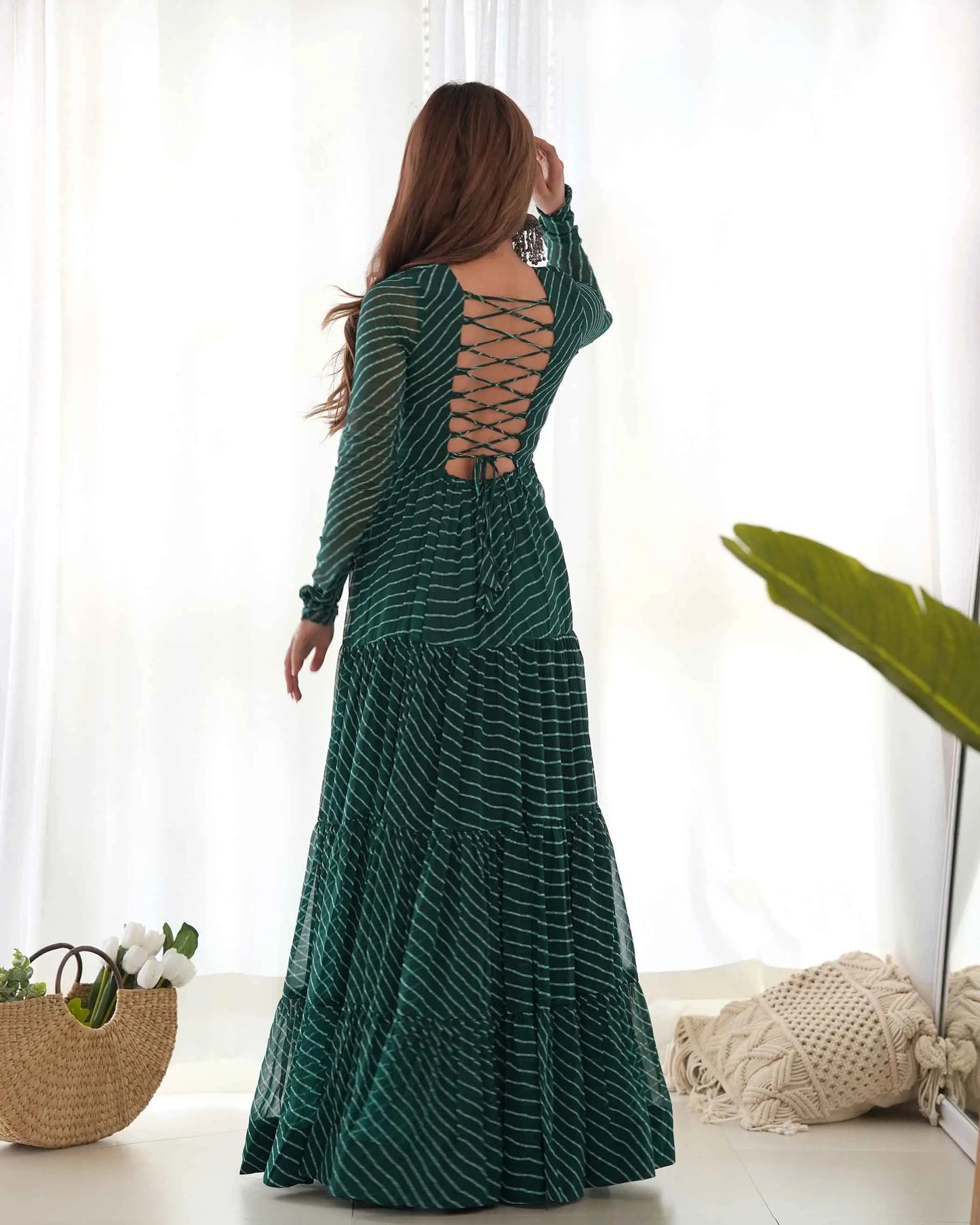 Dark Green Laheriya Print With Gamthi Patch Work Navratri Gown