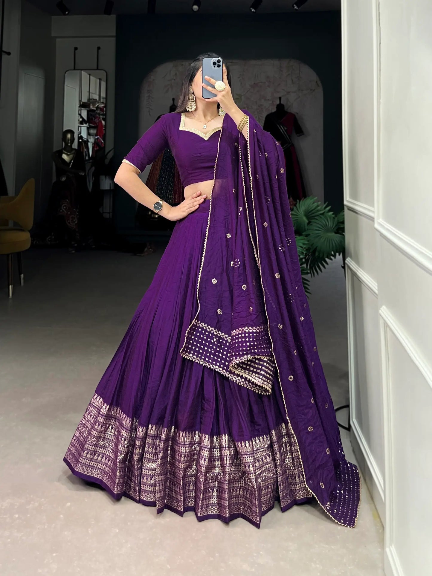Grape Purple Chanderi Silk Zari Weaving Lehenga Choli