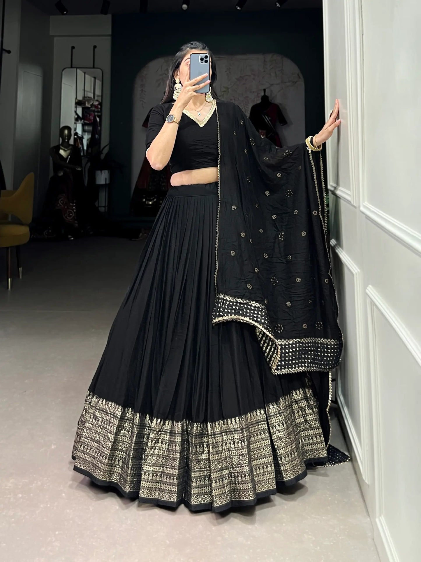 Smoky Black Chanderi Silk Zari Weaving Lehenga Choli
