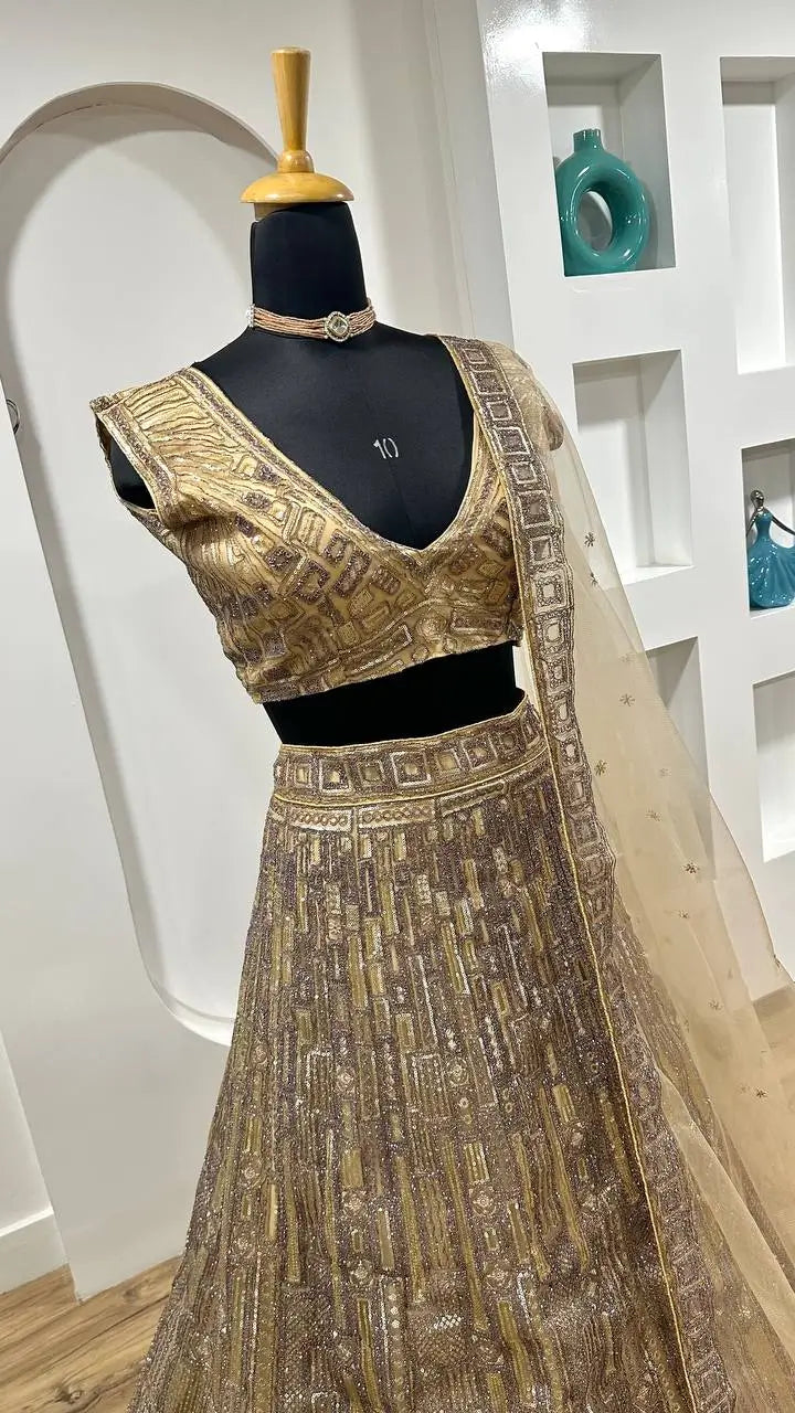 Golden Net Lehenga Choli With Dori, thread & Sequence Embroidery Work