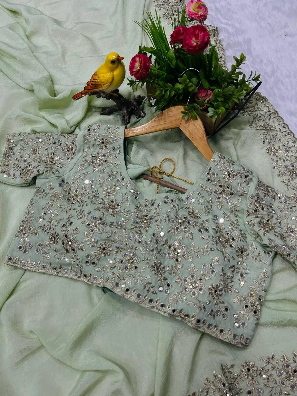 Pista Green Jari Dori And Thread Embroidery Work with Real Mirror Work Saree