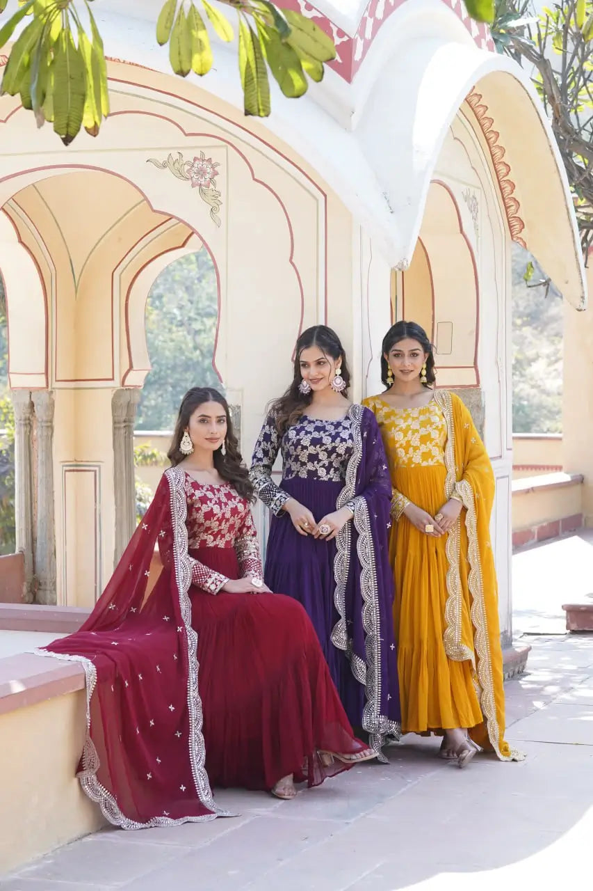 Maroon Designer Sequins Gown with Dupatta | Heavy 12m Flair | Festive & Party Wear