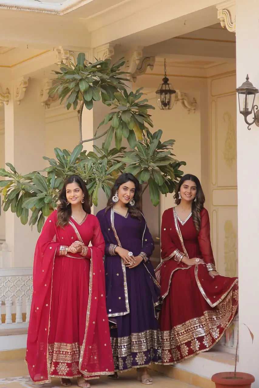 Maroon Women’s Faux Blooming Embroidered Anarkali Gown with Dupatta