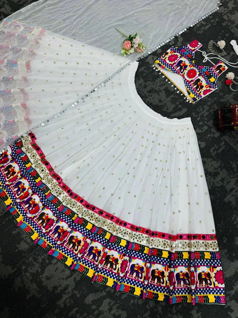 White Chain Stitch Embroidery & Mirror Work Georgette Navratri Lehenga