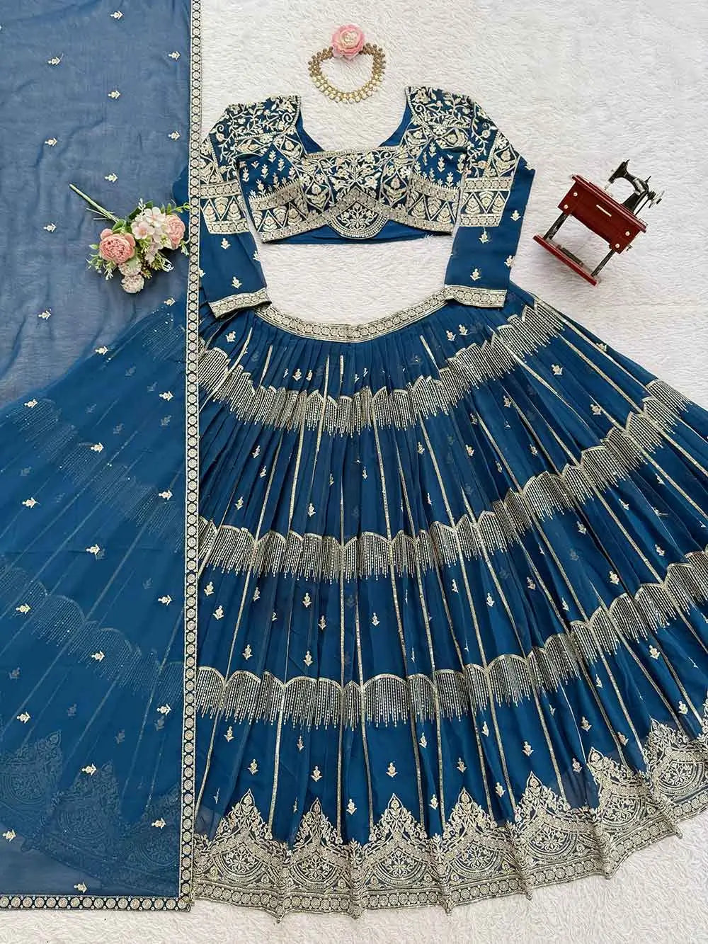 Teal Sequins Embroidery Lehenga Choli