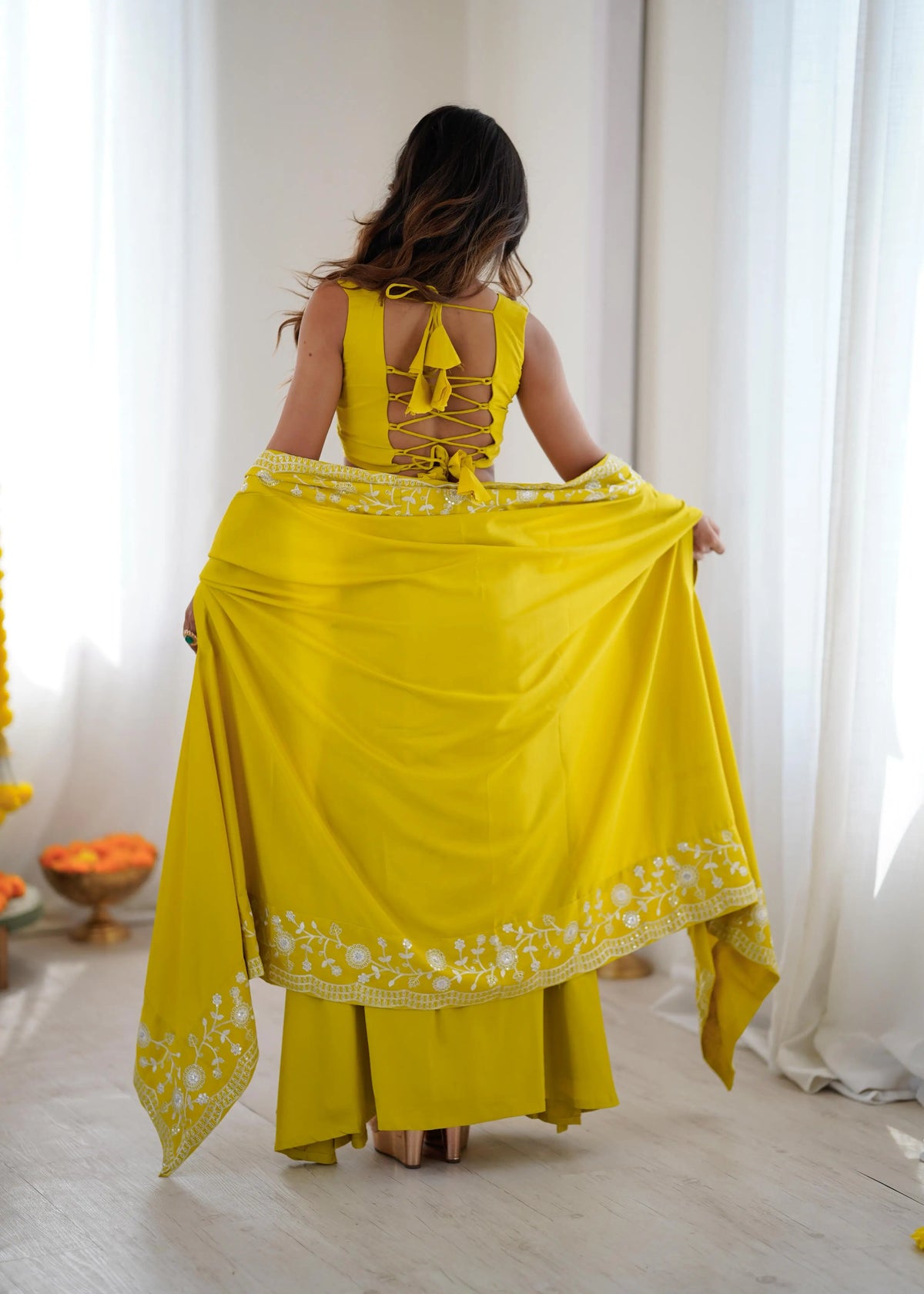 Yellow Designer Embroidered Indo Western