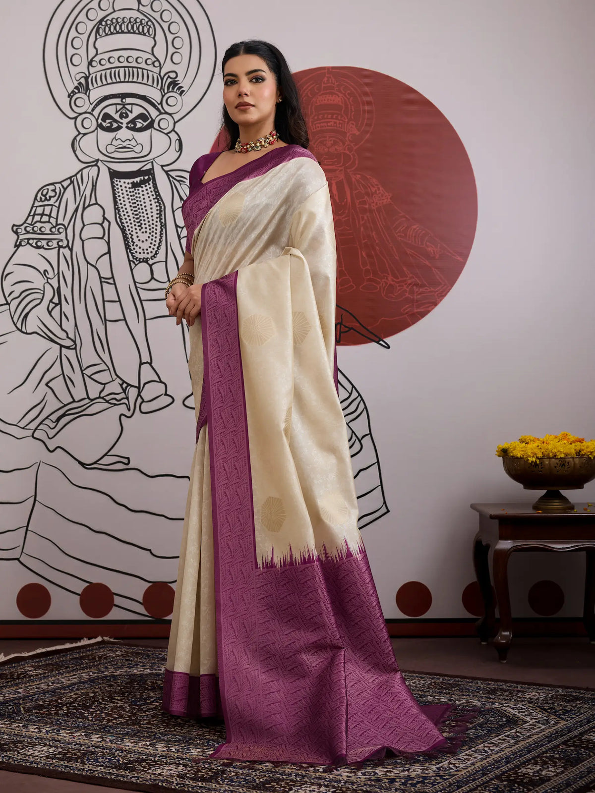Beige-Wine Paper Silk Zari Weaving Saree