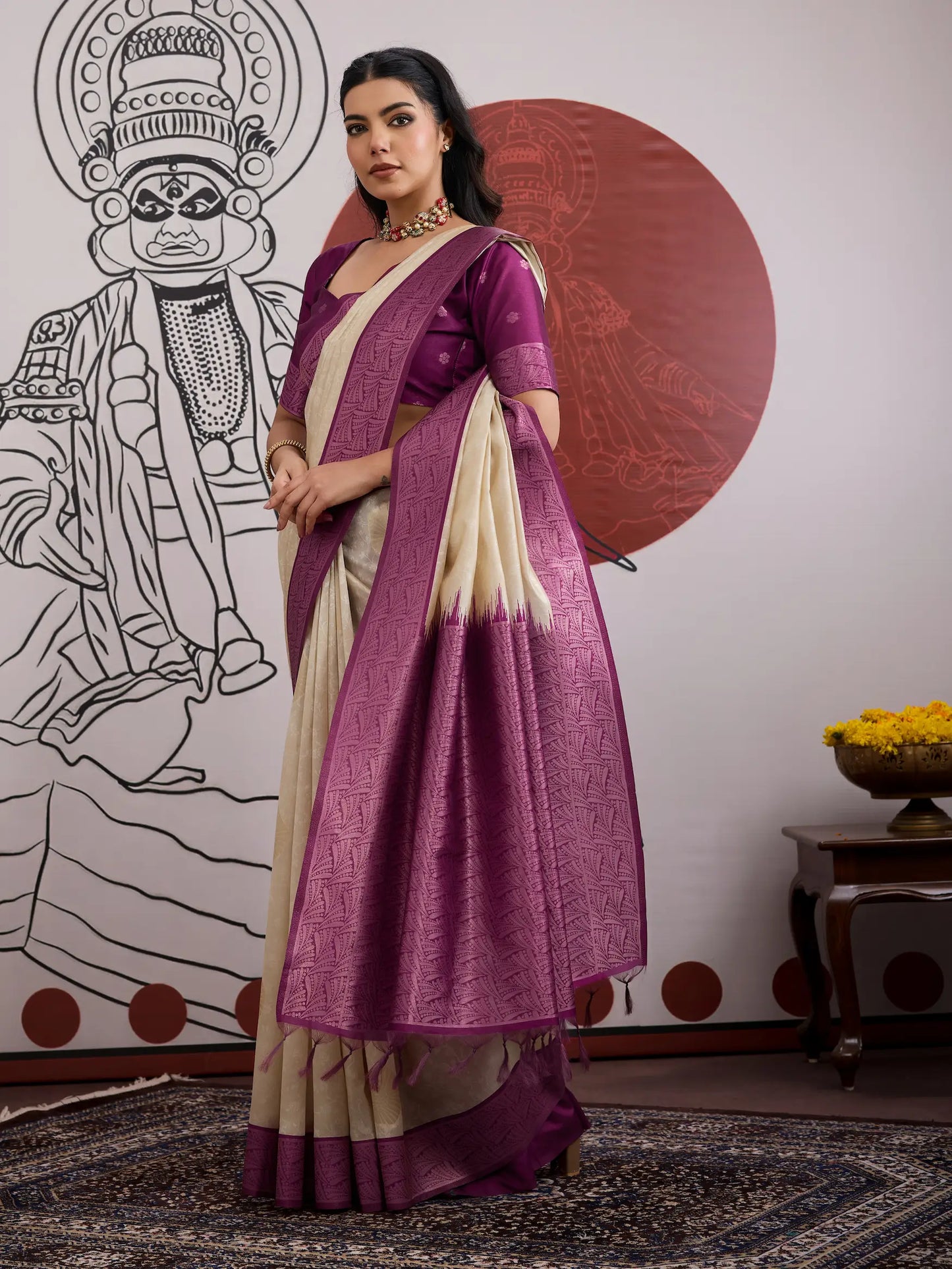 Beige-Wine Paper Silk Zari Weaving Saree