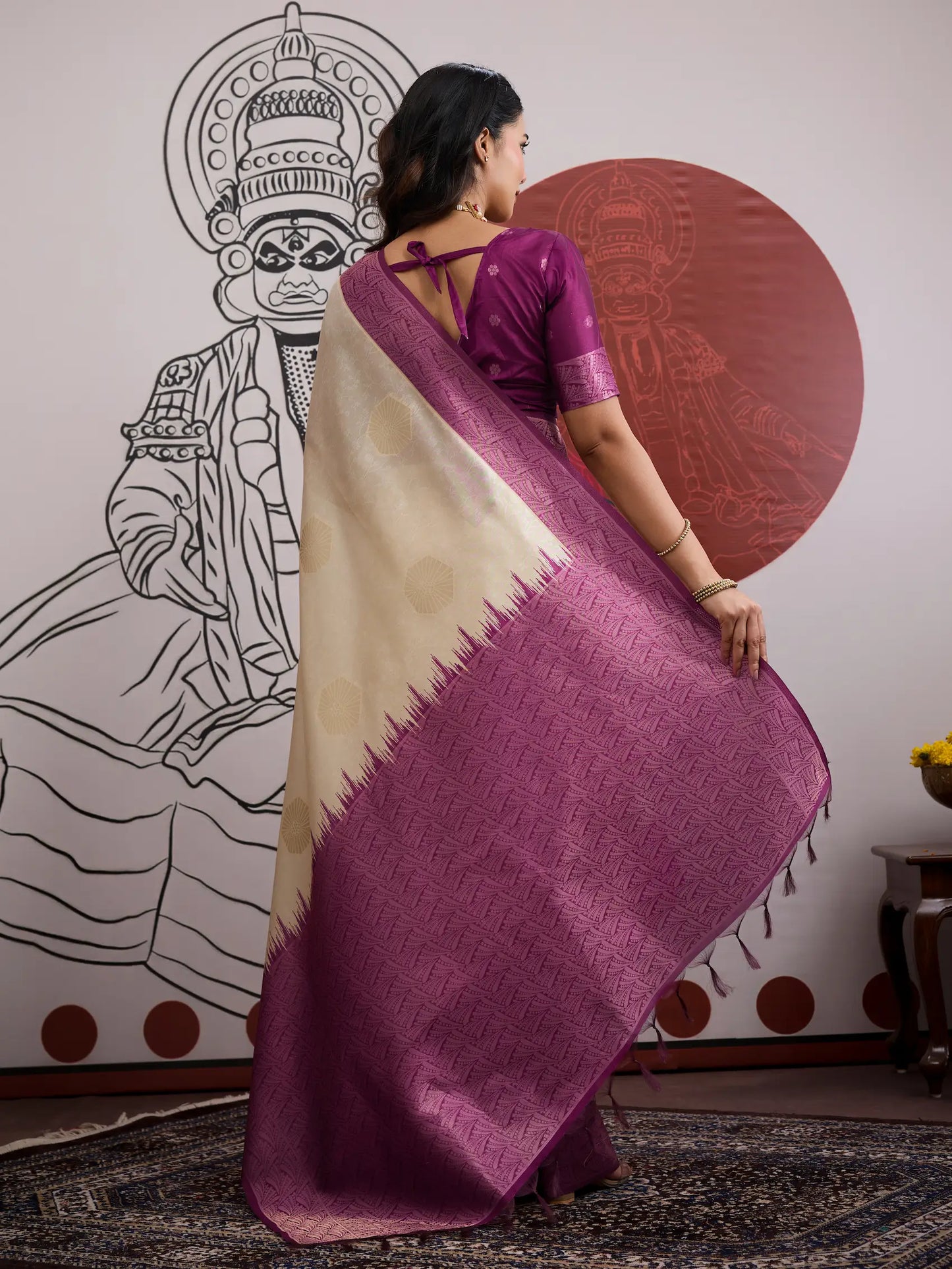 Beige-Wine Paper Silk Zari Weaving Saree