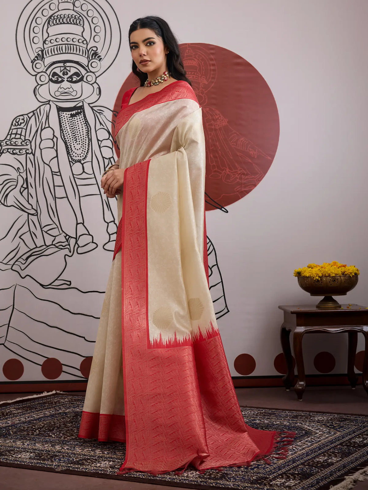 Beige-Red Paper Silk Zari Weaving Saree