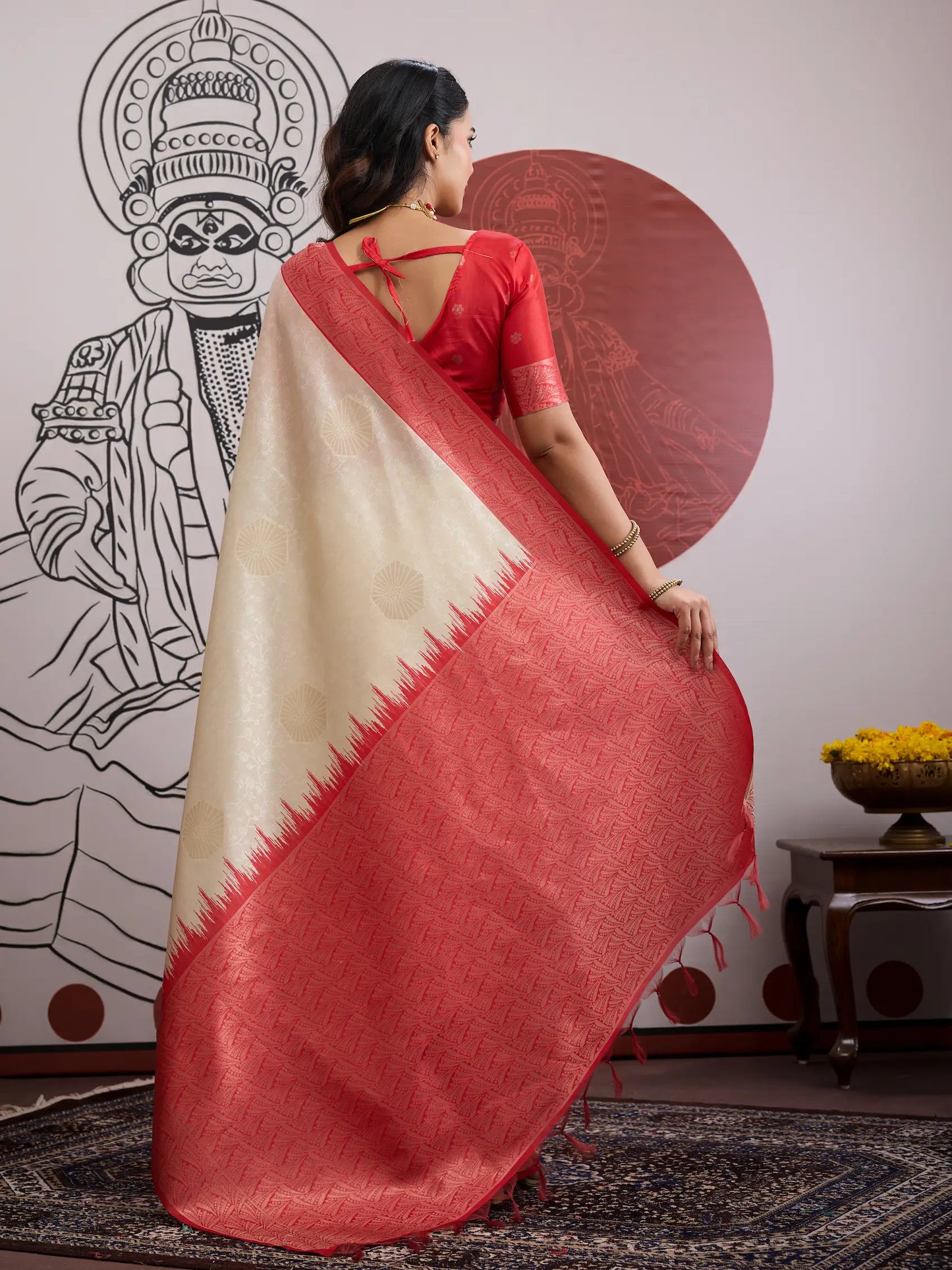Beige-Red Paper Silk Zari Weaving Saree