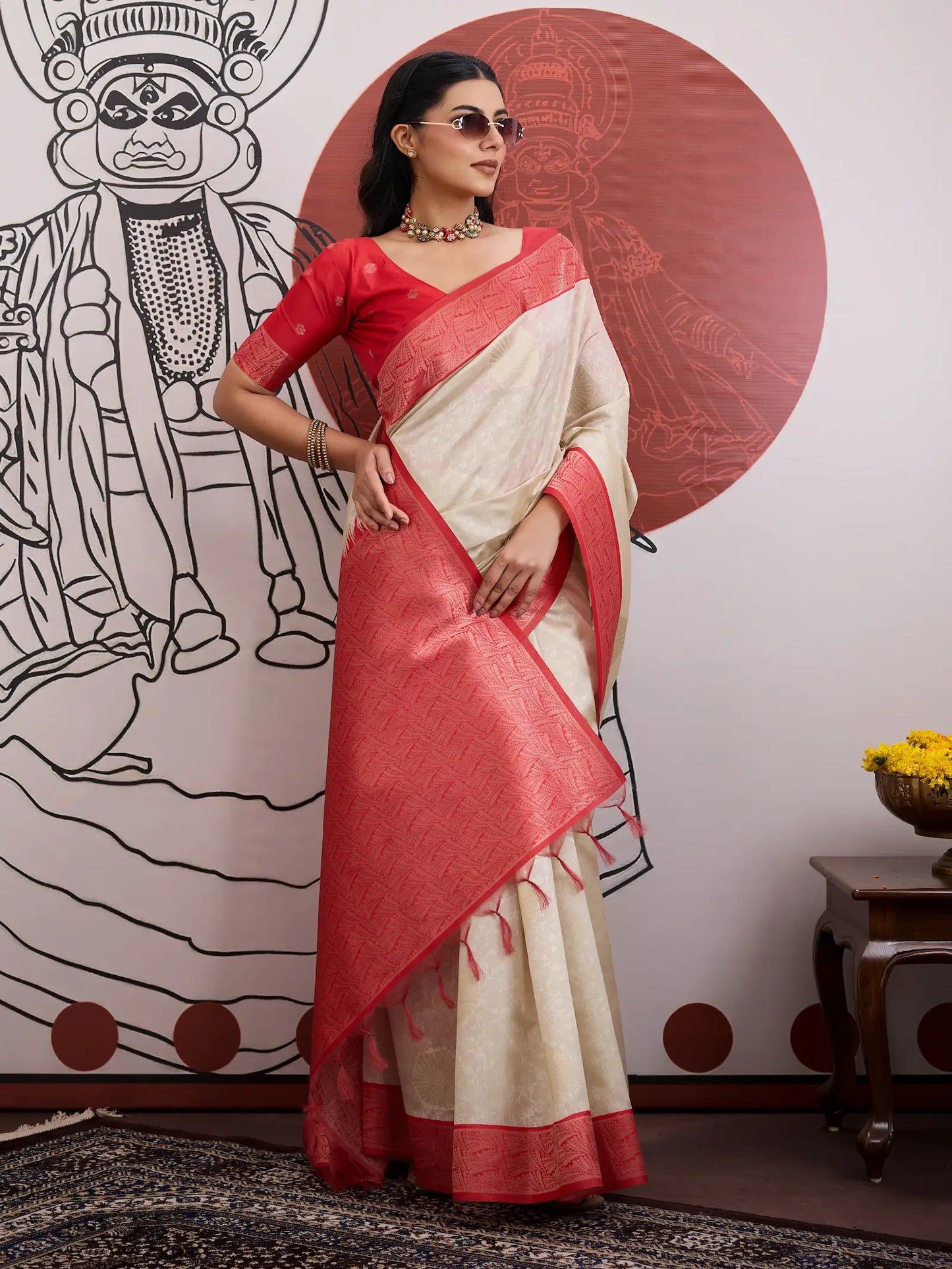 Beige-Red Paper Silk Zari Weaving Saree