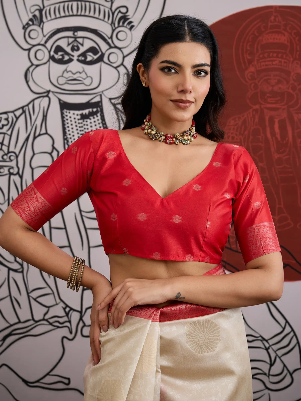Beige-Red Paper Silk Zari Weaving Saree