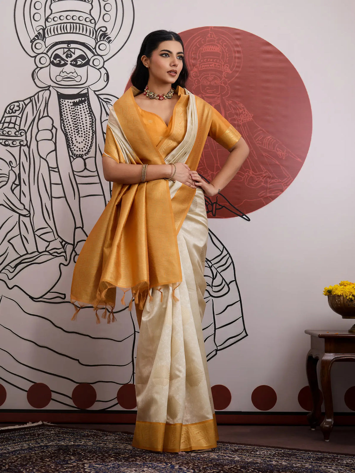 Beige-Yellow Paper Silk Zari Weaving Saree