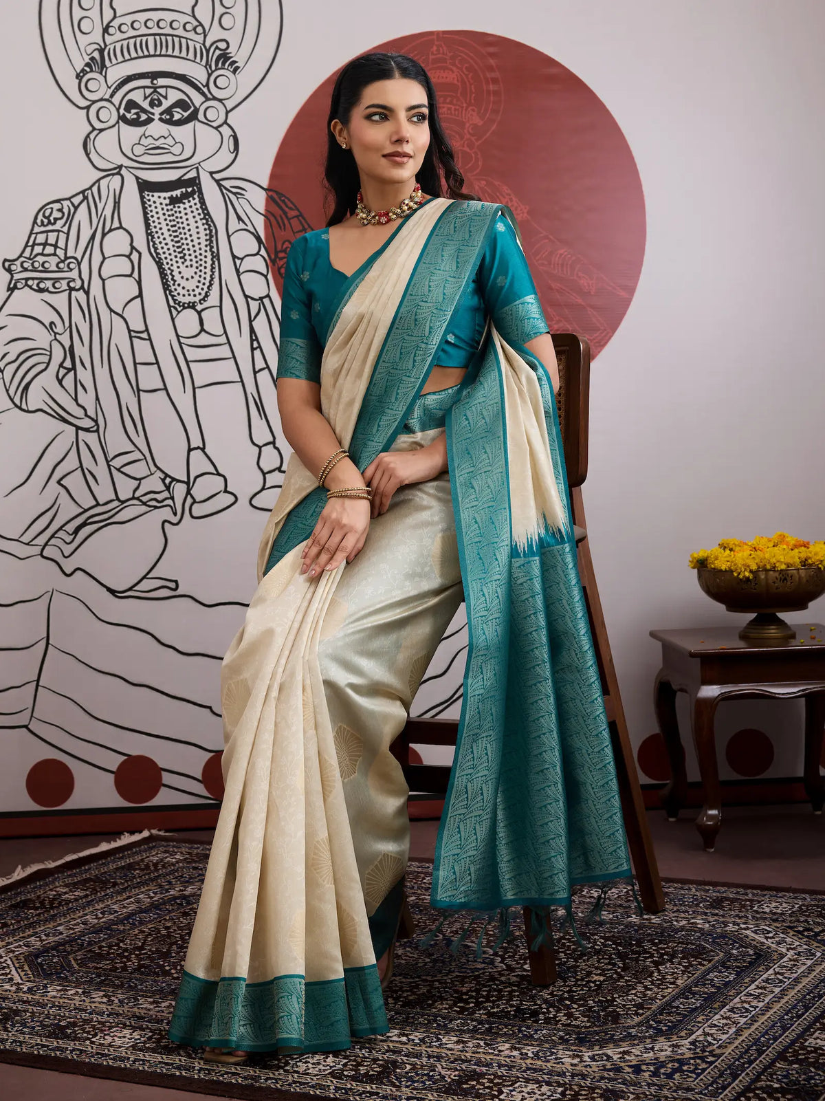 Beige-Teal Paper Silk Zari Weaving Saree