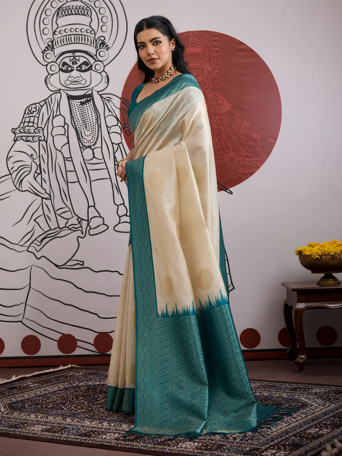 Beige-Teal Paper Silk Zari Weaving Saree