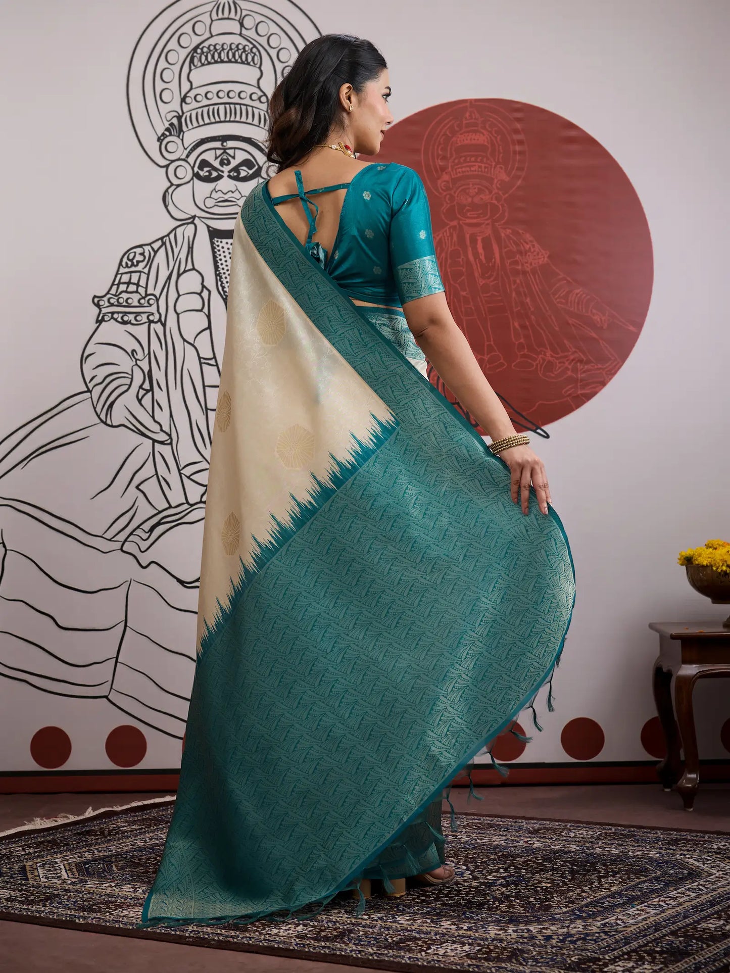 Beige-Teal Paper Silk Zari Weaving Saree