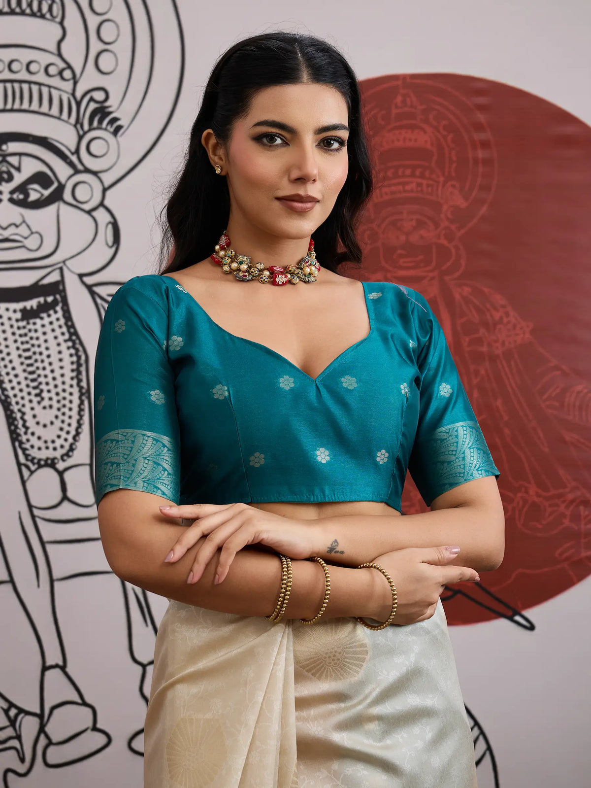 Beige-Teal Paper Silk Zari Weaving Saree