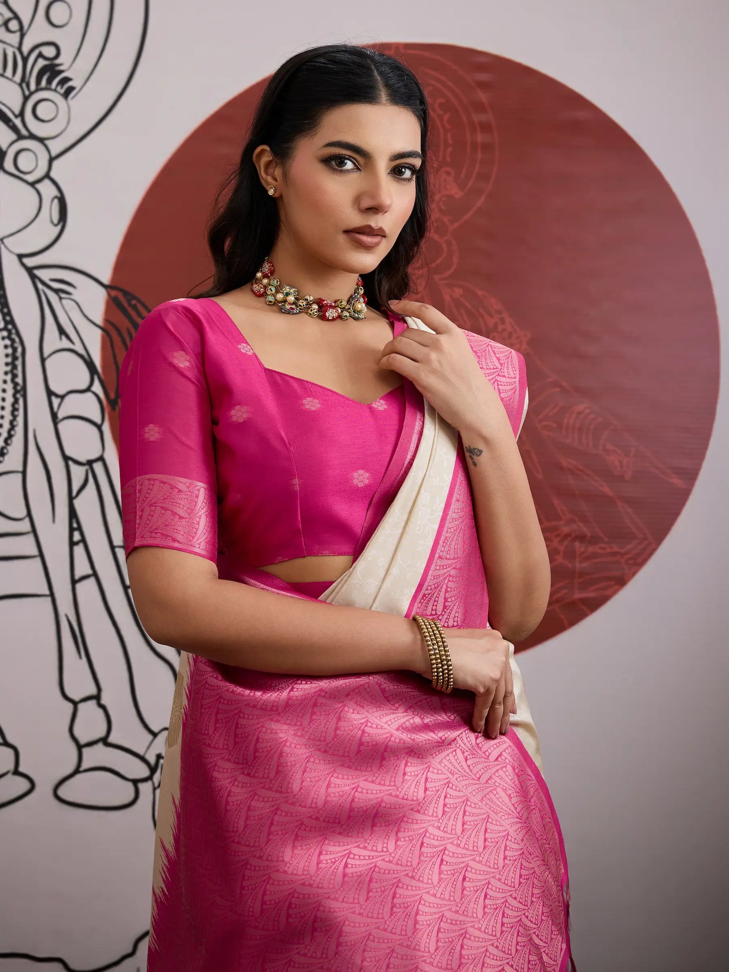 Beige-Pink Paper Silk Zari Weaving Saree