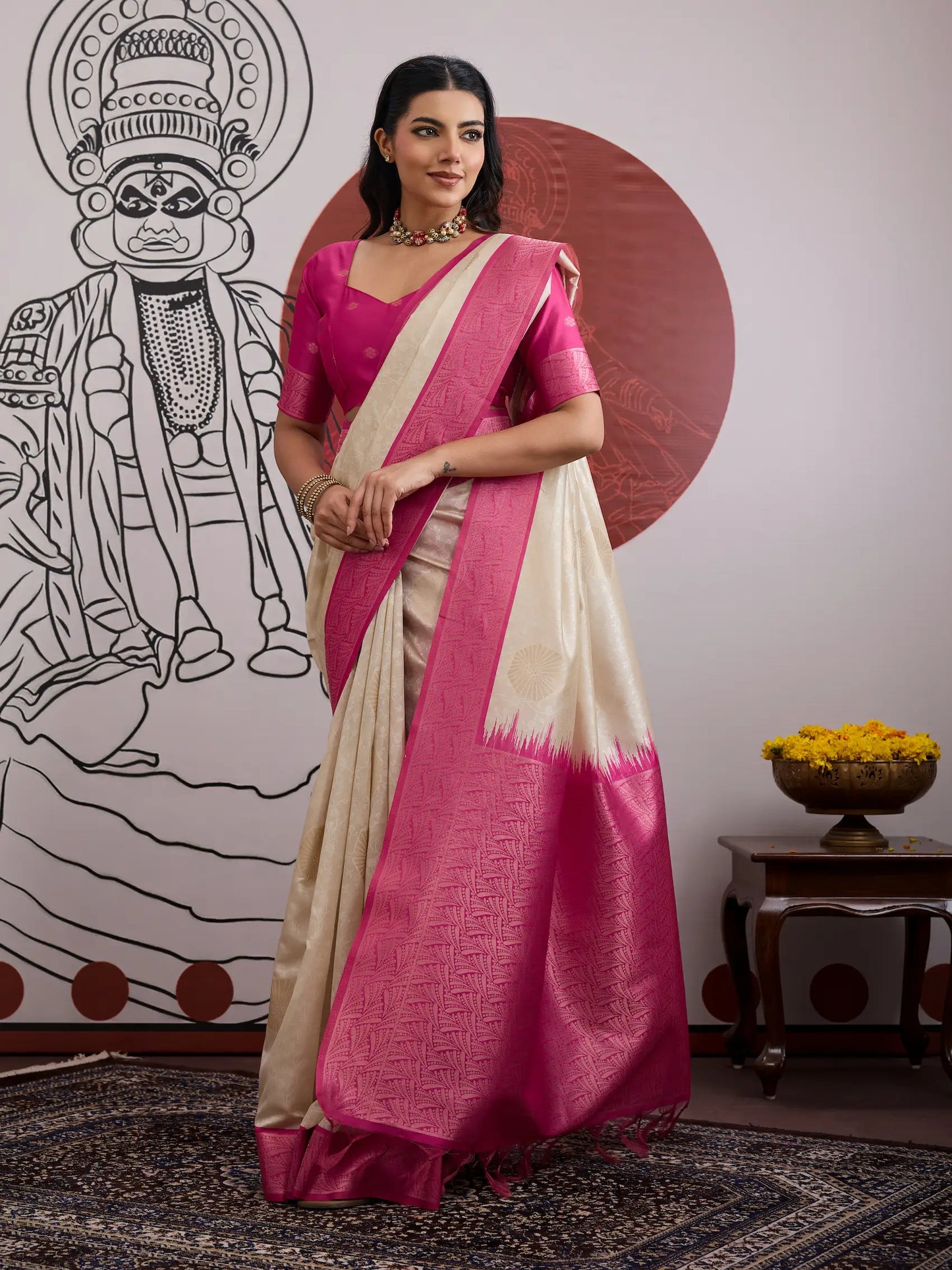 Beige-Pink Paper Silk Zari Weaving Saree
