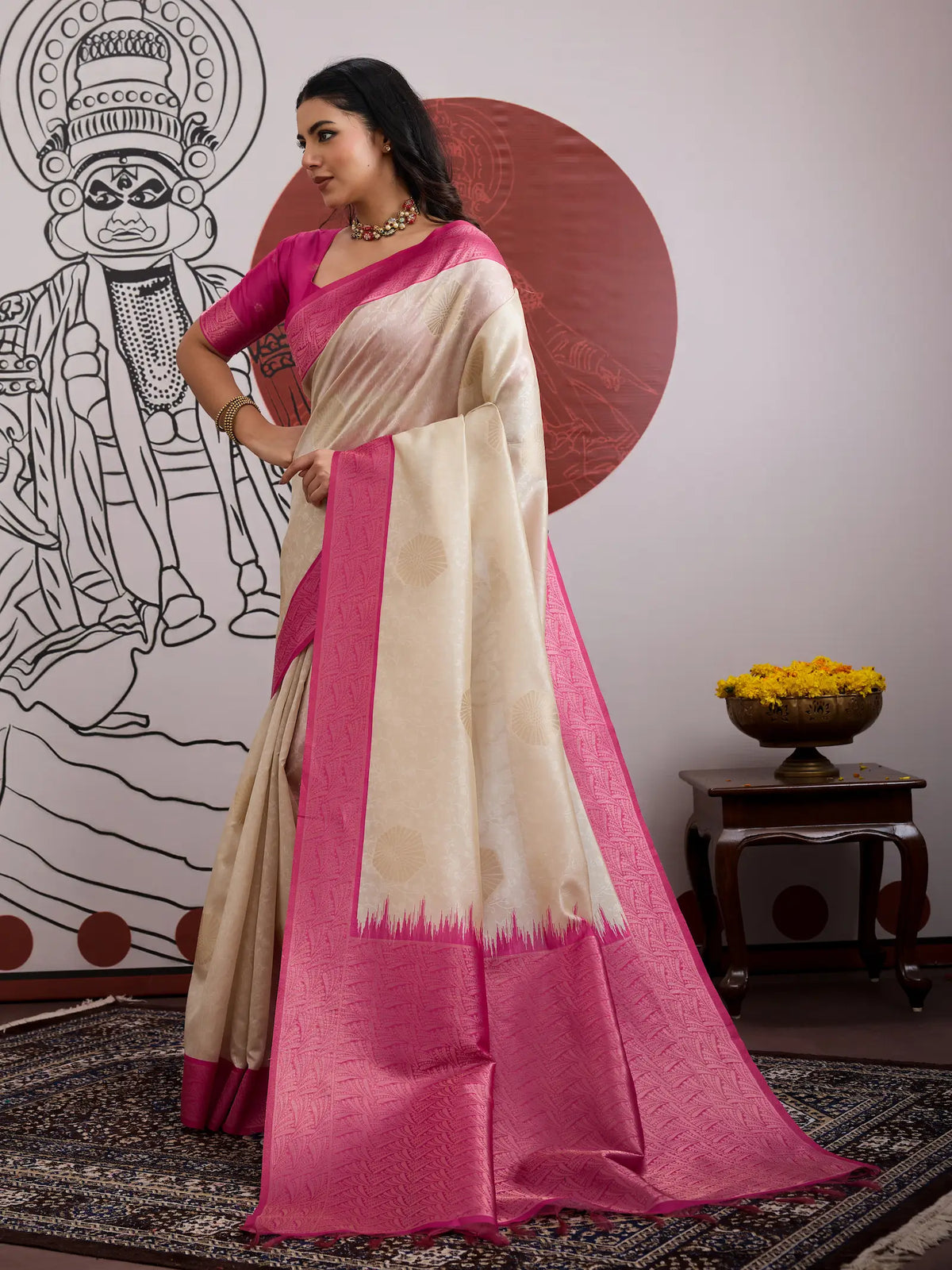 Beige-Pink Paper Silk Zari Weaving Saree