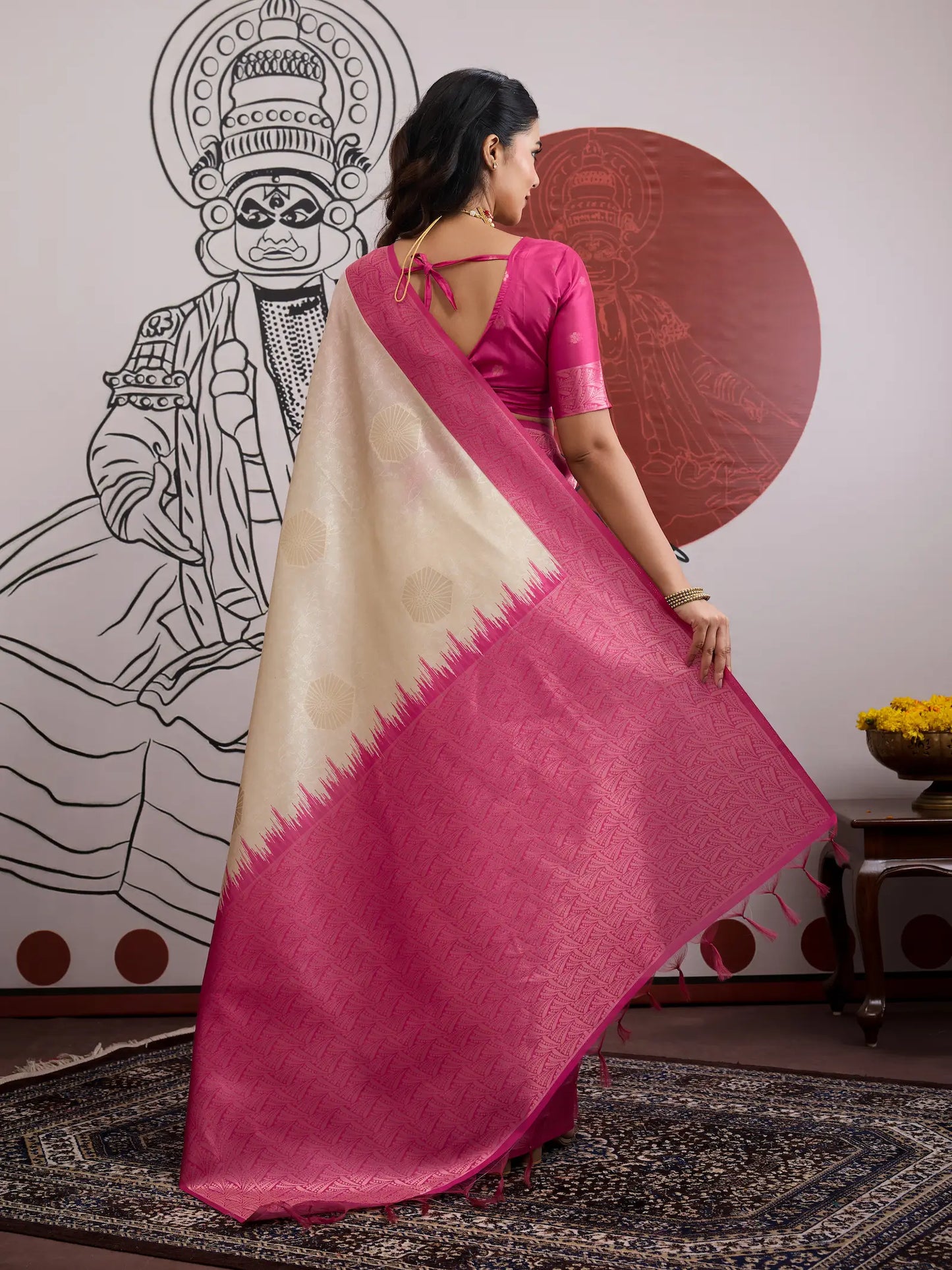 Beige-Pink Paper Silk Zari Weaving Saree