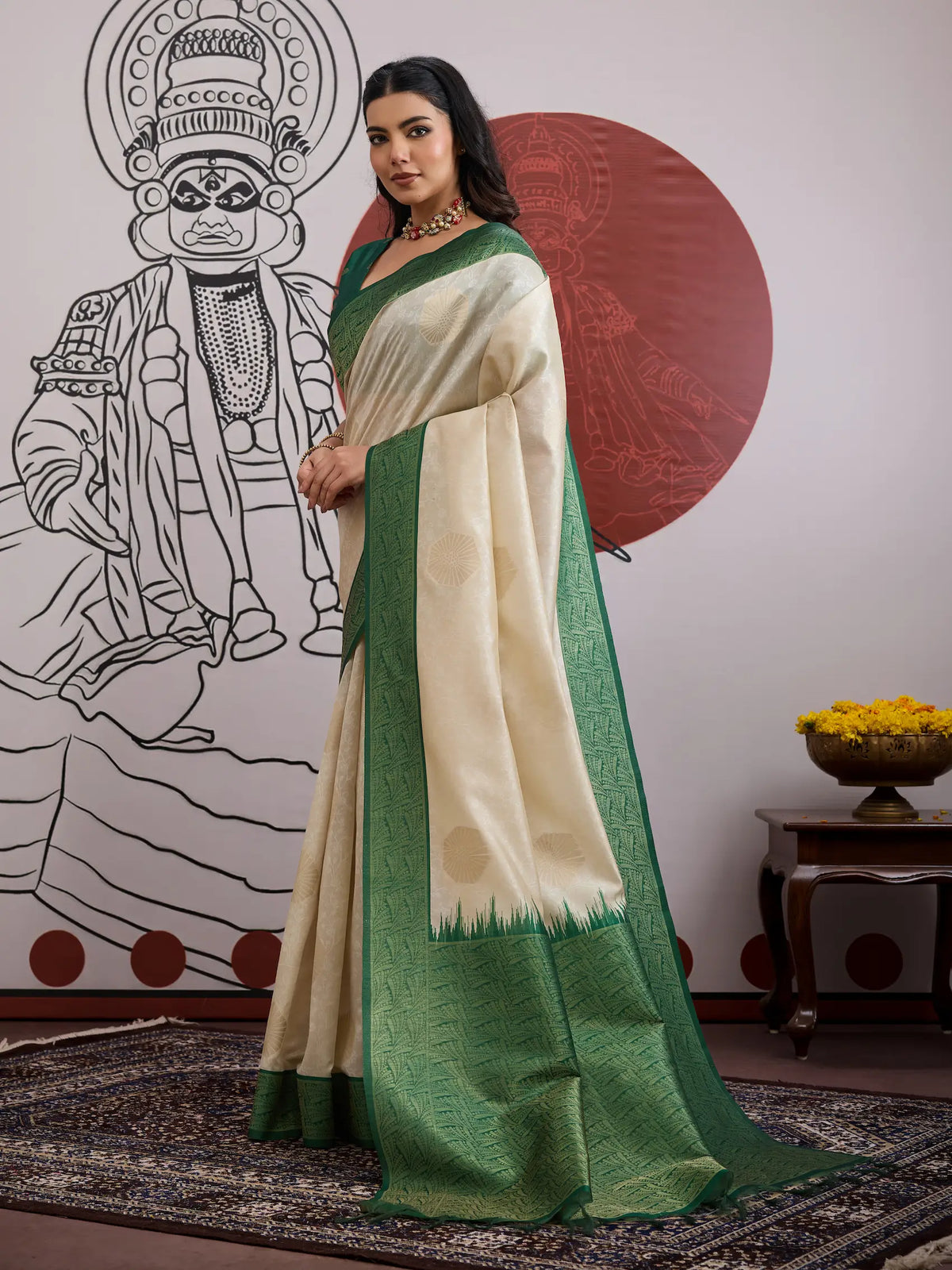 Beige-Green Paper Silk Zari Weaving Saree