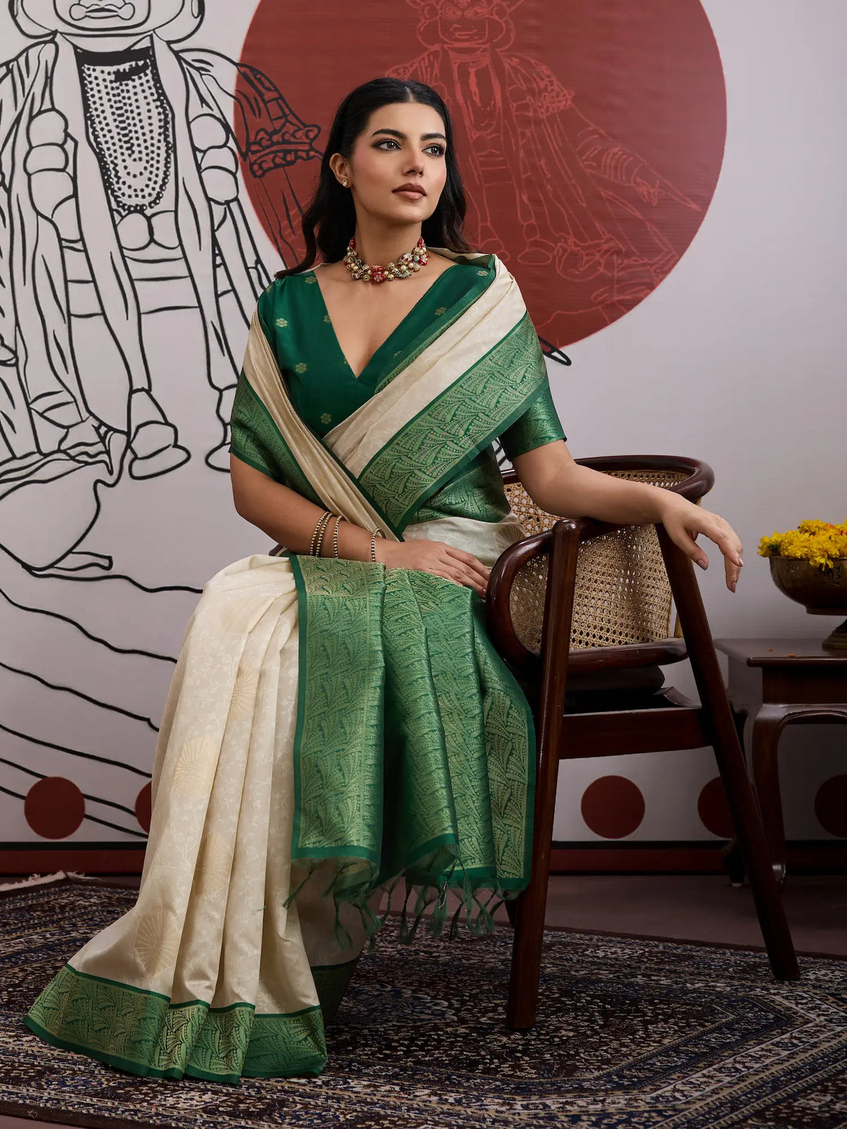Beige-Green Paper Silk Zari Weaving Saree