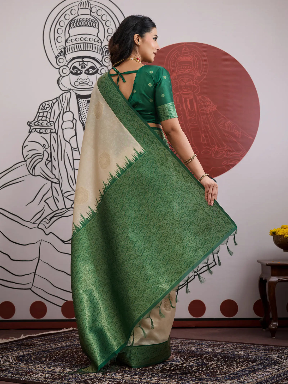 Beige-Green Paper Silk Zari Weaving Saree