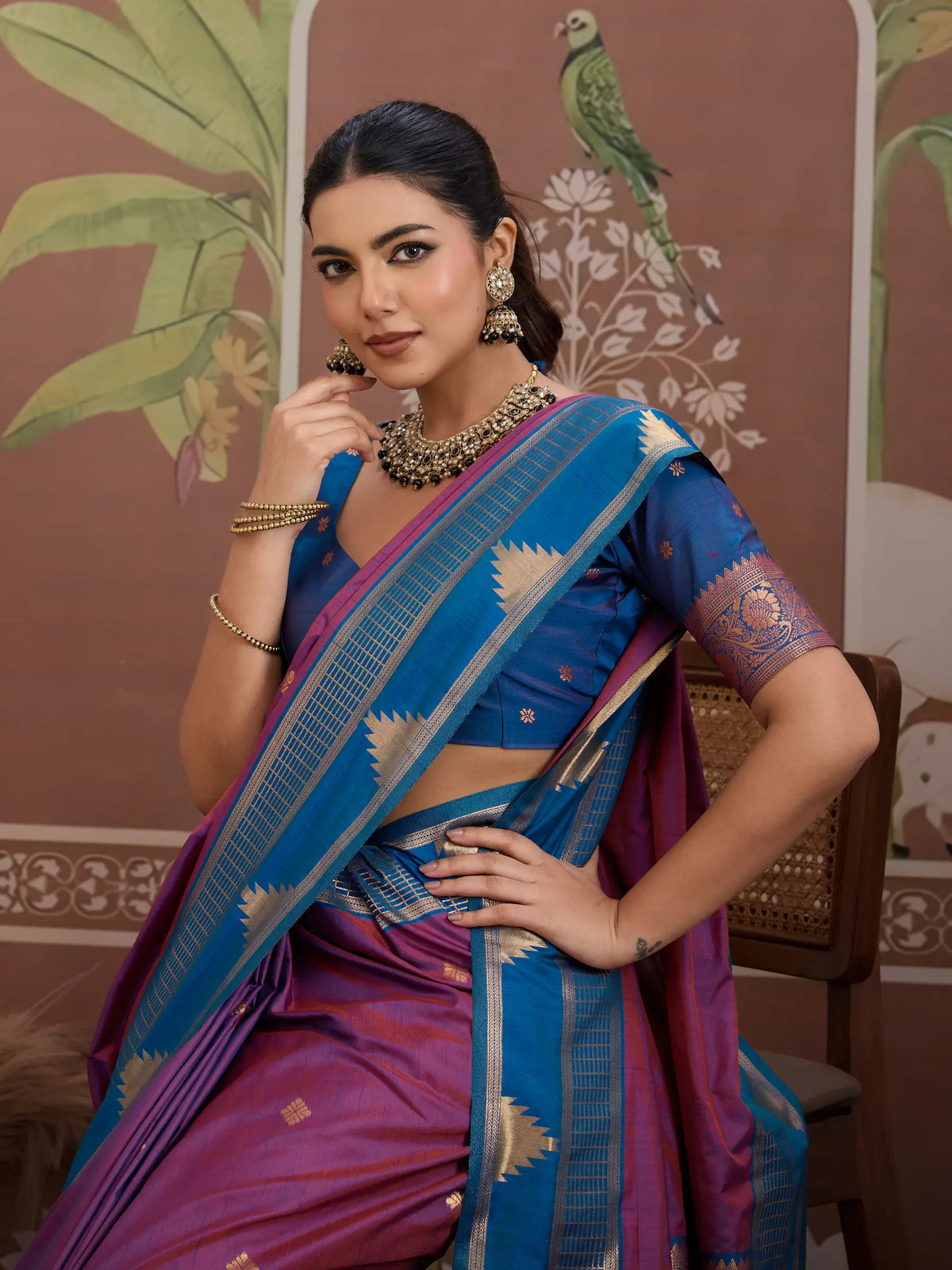 Warm Purple Tussar Silk Handloom Weaving Saree