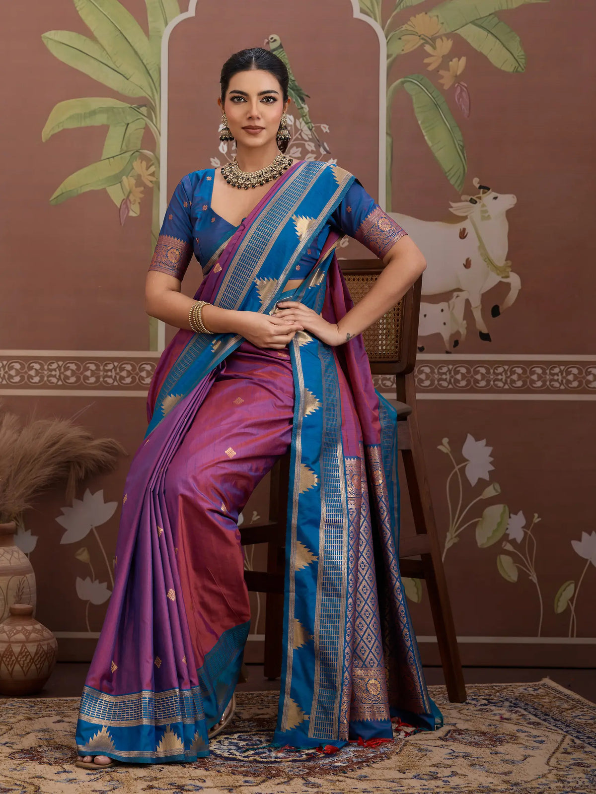 Warm Purple Tussar Silk Handloom Weaving Saree