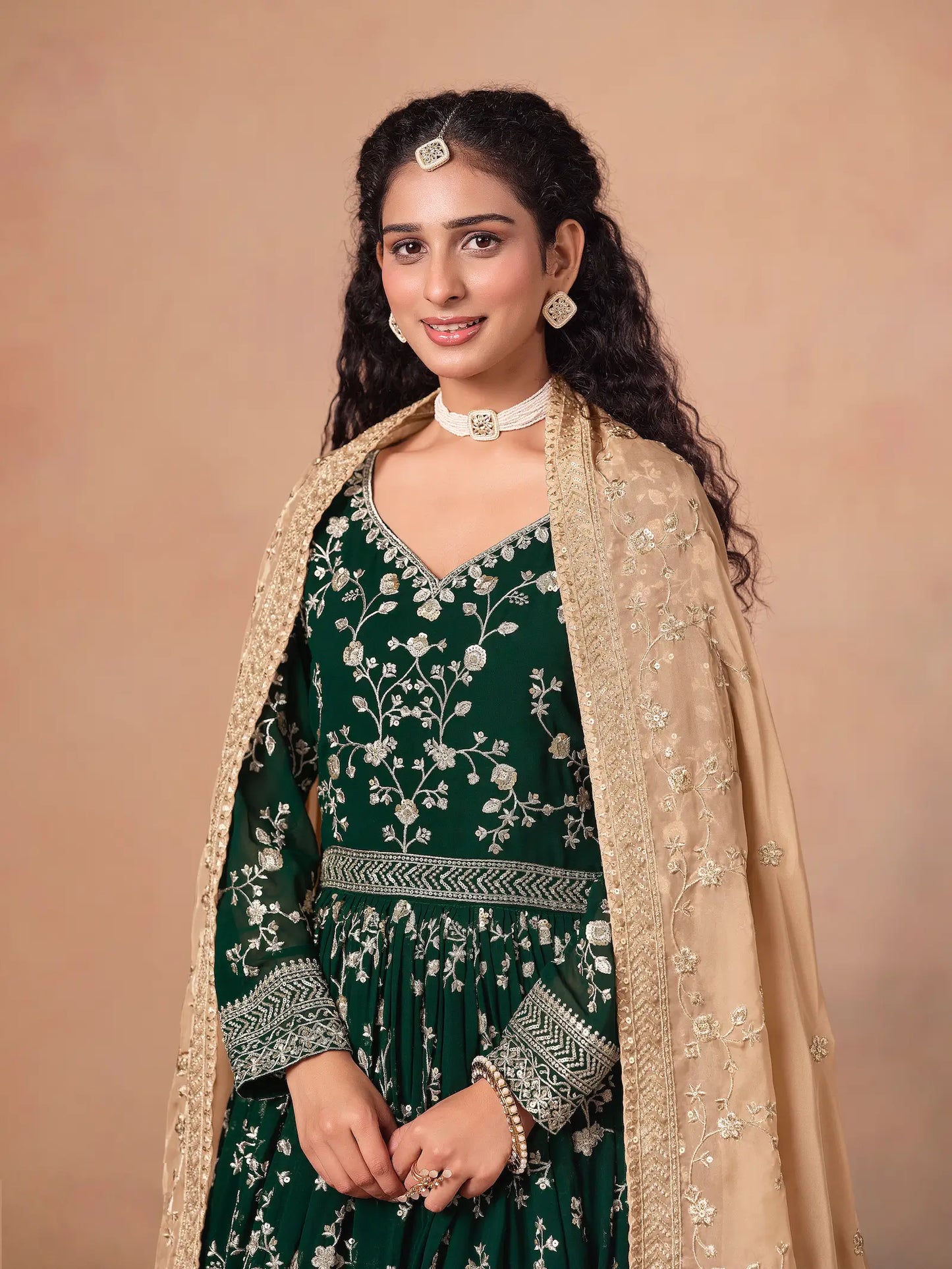 Green Georgette Embroidery Gown With Organza Dupatta