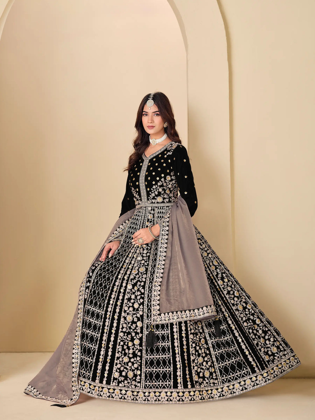 Jet Black Velvet Heavy Embroidered Gown