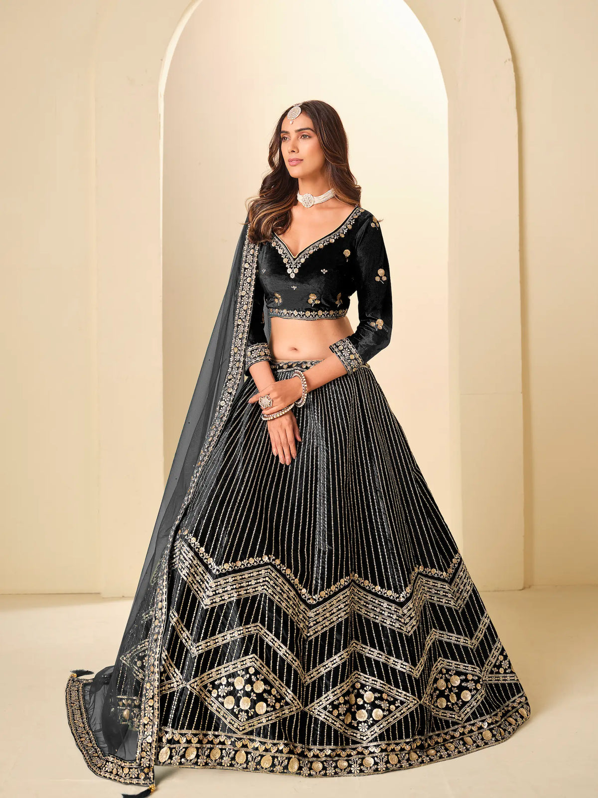 Hot Black Velvet Lehenga Choli With Embroidery