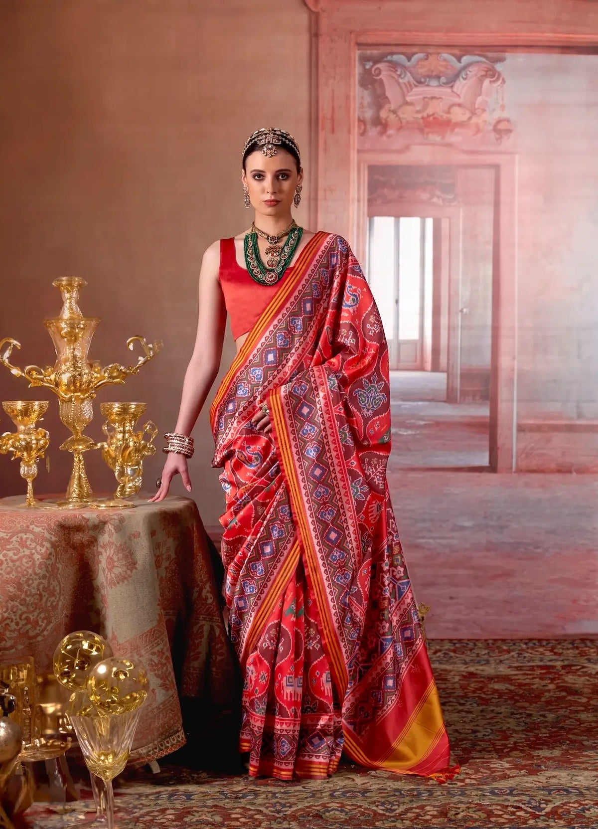 Coral Red-Brown Patan Patola Saree