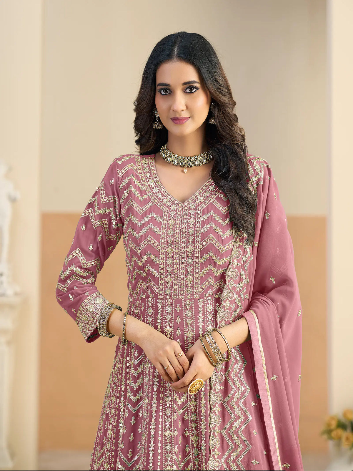 Pastel Pink Georgette Embroidery Gown