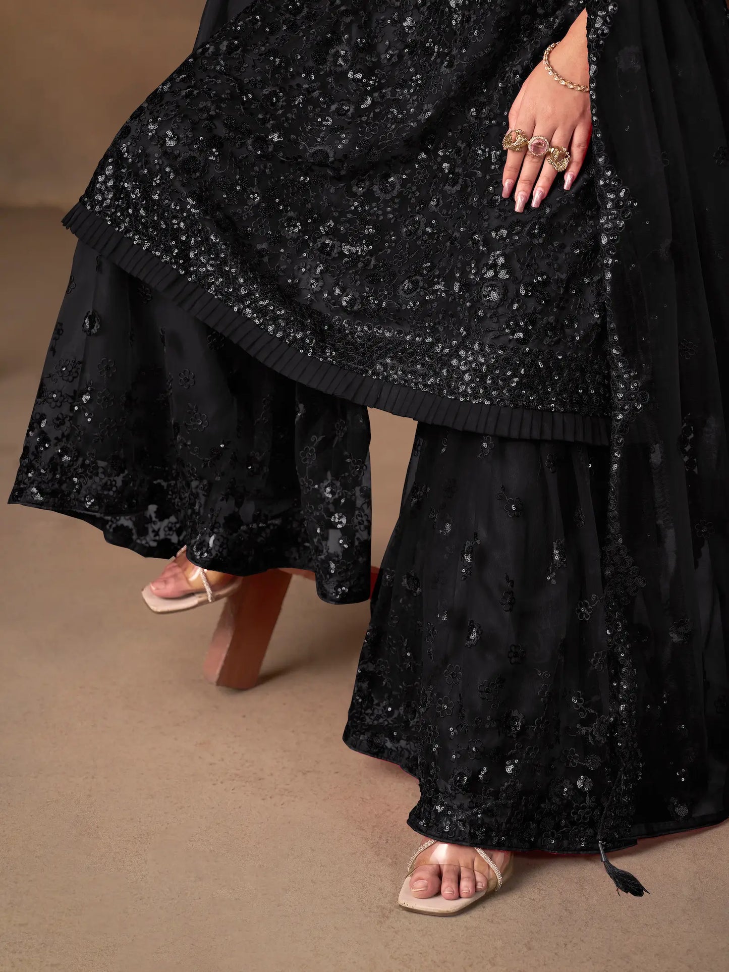 Black Net Embroidery Work Sharara Set