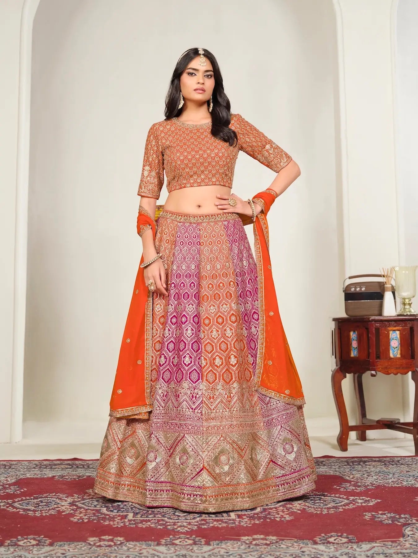 Deep Orange Embroidery Lehenga Choli