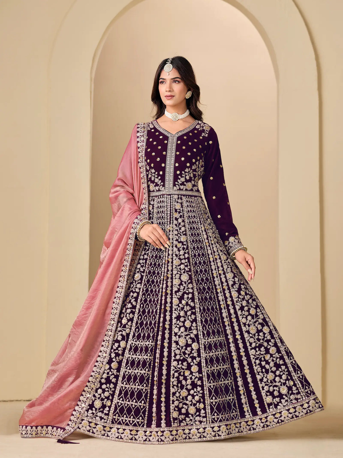 Dark Purple Velvet Heavy Embroidered Gown